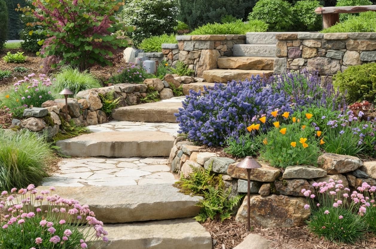 Newly remodeled landscaped yard with plants and hardscape