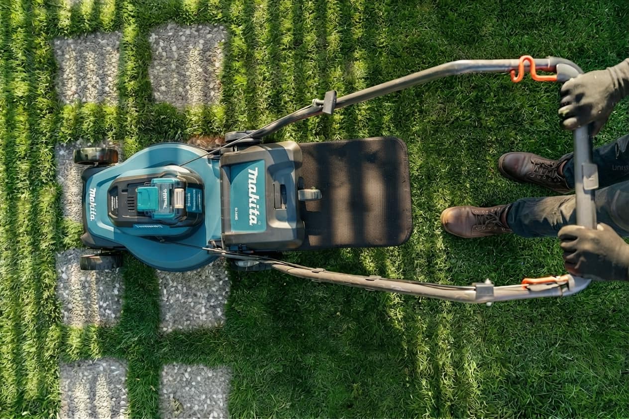 Crew mowing and maintaining a residential lawn